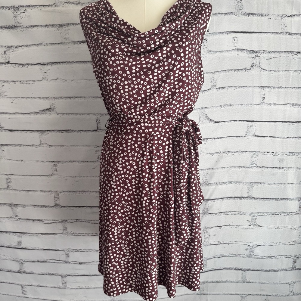 LOFT Petite Medium MP Burgundy Abstract Dot Cowl Neck Tie Waist Dress - Picture 8 of 15